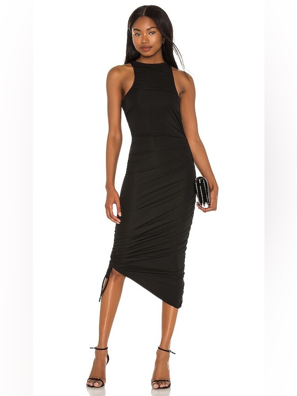 Michael Costello x REVOLVE Ruched Asymmetrical Hem Midi Dress in Black